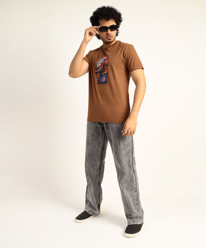 Crew Neck Short Sleeve Graphic T-shirt - Phoenix Print - Brown Carob