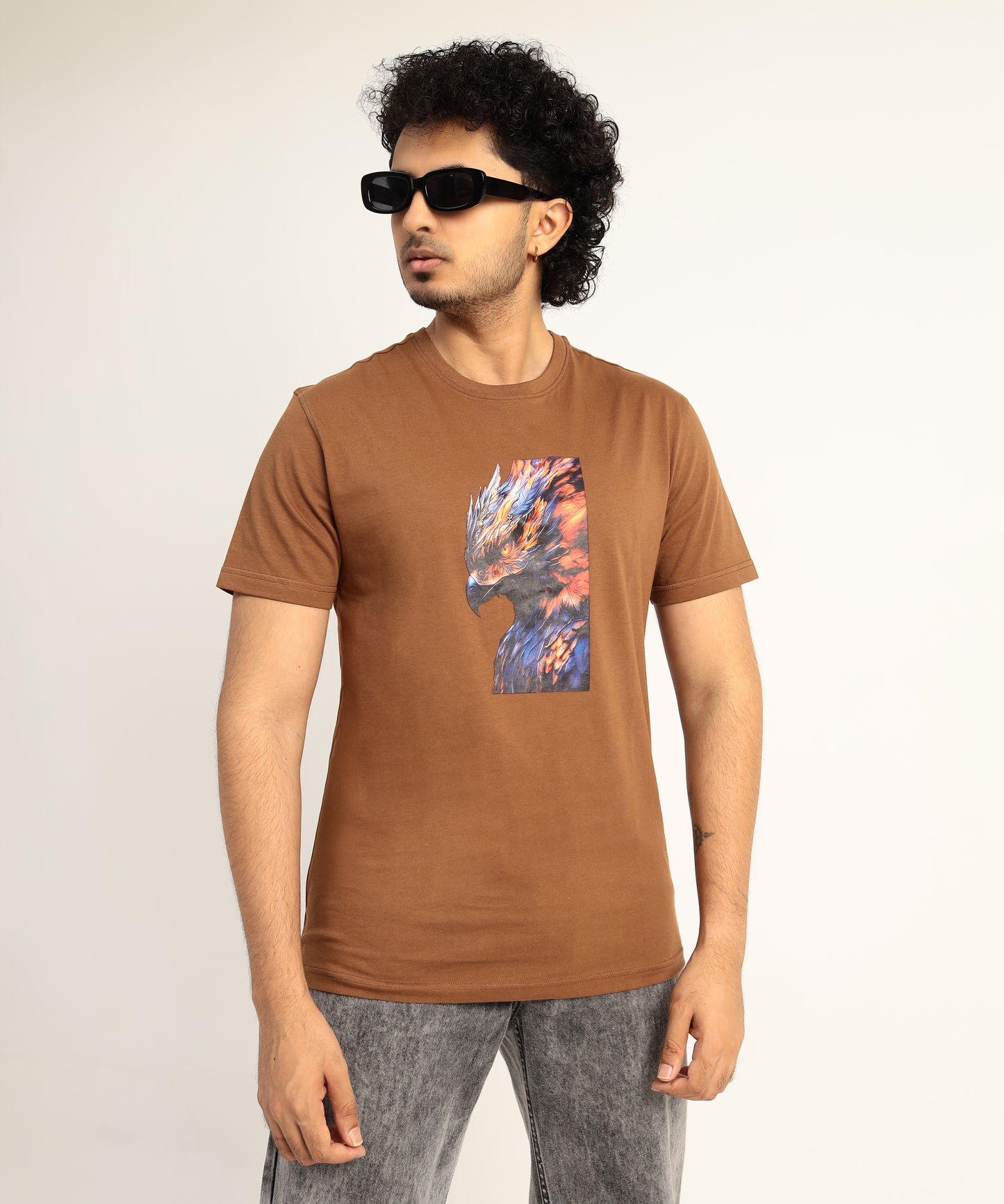 Crew Neck Short Sleeve Graphic T-shirt - Phoenix Print - Brown Carob