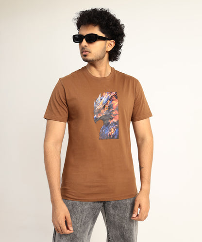 Crew Neck Short Sleeve Graphic T-shirt - Phoenix Print - Brown Carob
