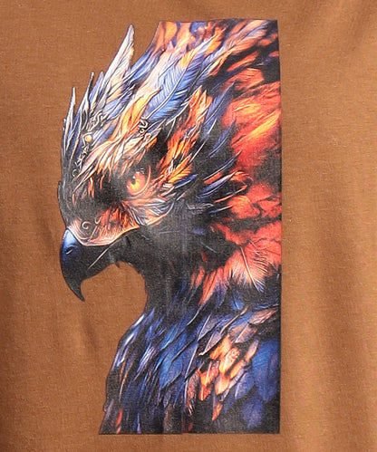 Crew Neck Short Sleeve Graphic T-shirt - Phoenix Print - Brown Carob