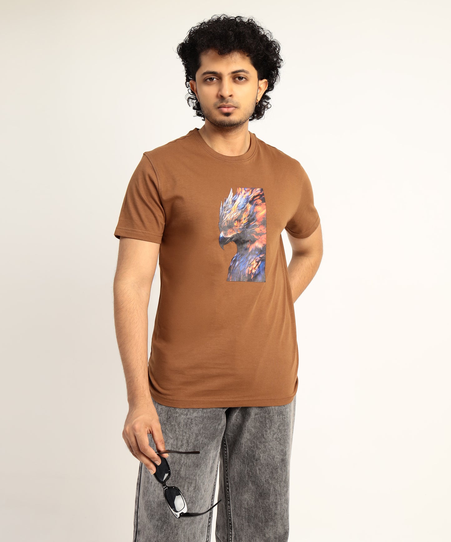 Crew Neck Short Sleeve Graphic T-shirt - Phoenix Print - Brown Carob