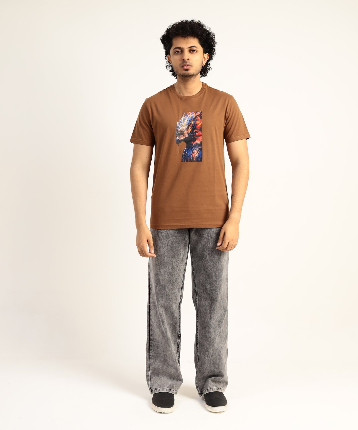 Crew Neck Short Sleeve Graphic T-shirt - Phoenix Print - Brown Carob