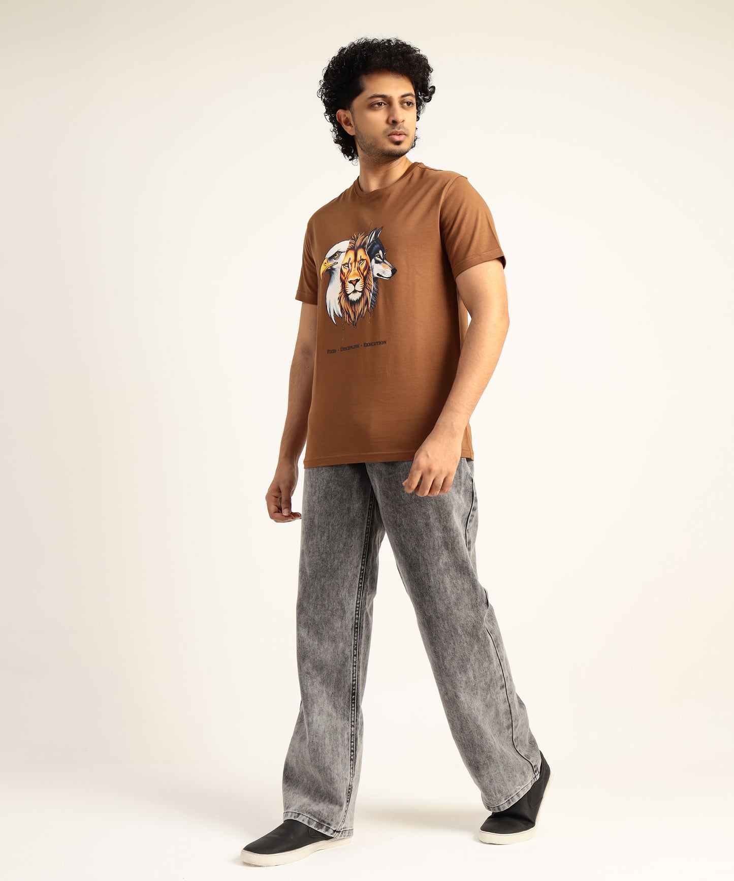 Crew Neck Short Sleeve Graphic T-shirt - Animal Print - Brown Carob
