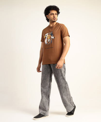 Crew Neck Short Sleeve Graphic T-shirt - Animal Print - Brown Carob