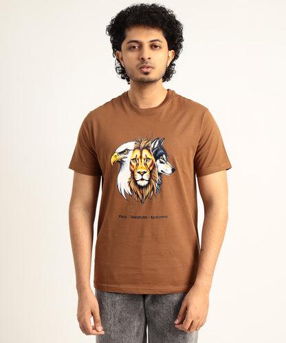 Crew Neck Short Sleeve Graphic T-shirt - Animal Print - Brown Carob