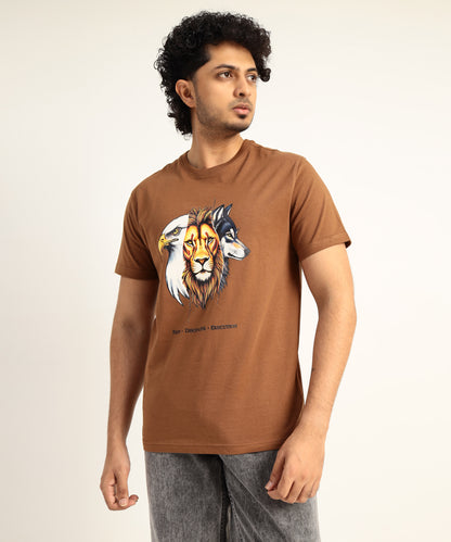 Crew Neck Short Sleeve Graphic T-shirt - Animal Print - Brown Carob