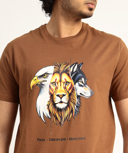 Crew Neck Short Sleeve Graphic T-shirt - Animal Print - Brown Carob