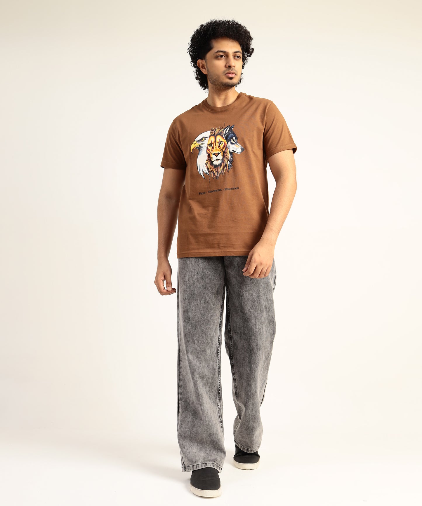 Crew Neck Short Sleeve Graphic T-shirt - Animal Print - Brown Carob