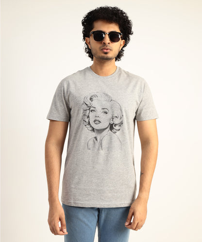 Crew Neck Short Sleeve Graphic T-shirt - Marlin Monroe Print - Grey Heather