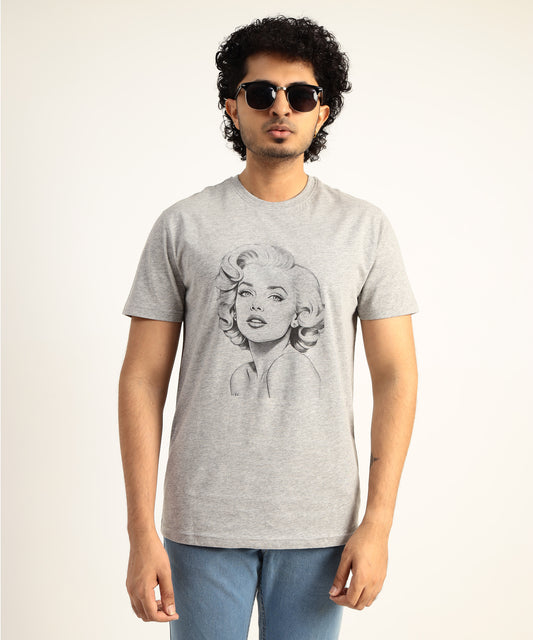 Crew Neck Short Sleeve Graphic T-shirt - Marlin Monroe Print - Grey Heather