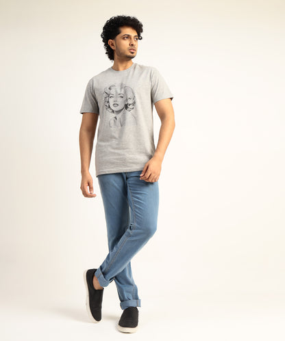 Crew Neck Short Sleeve Graphic T-shirt - Marlin Monroe Print - Grey Heather