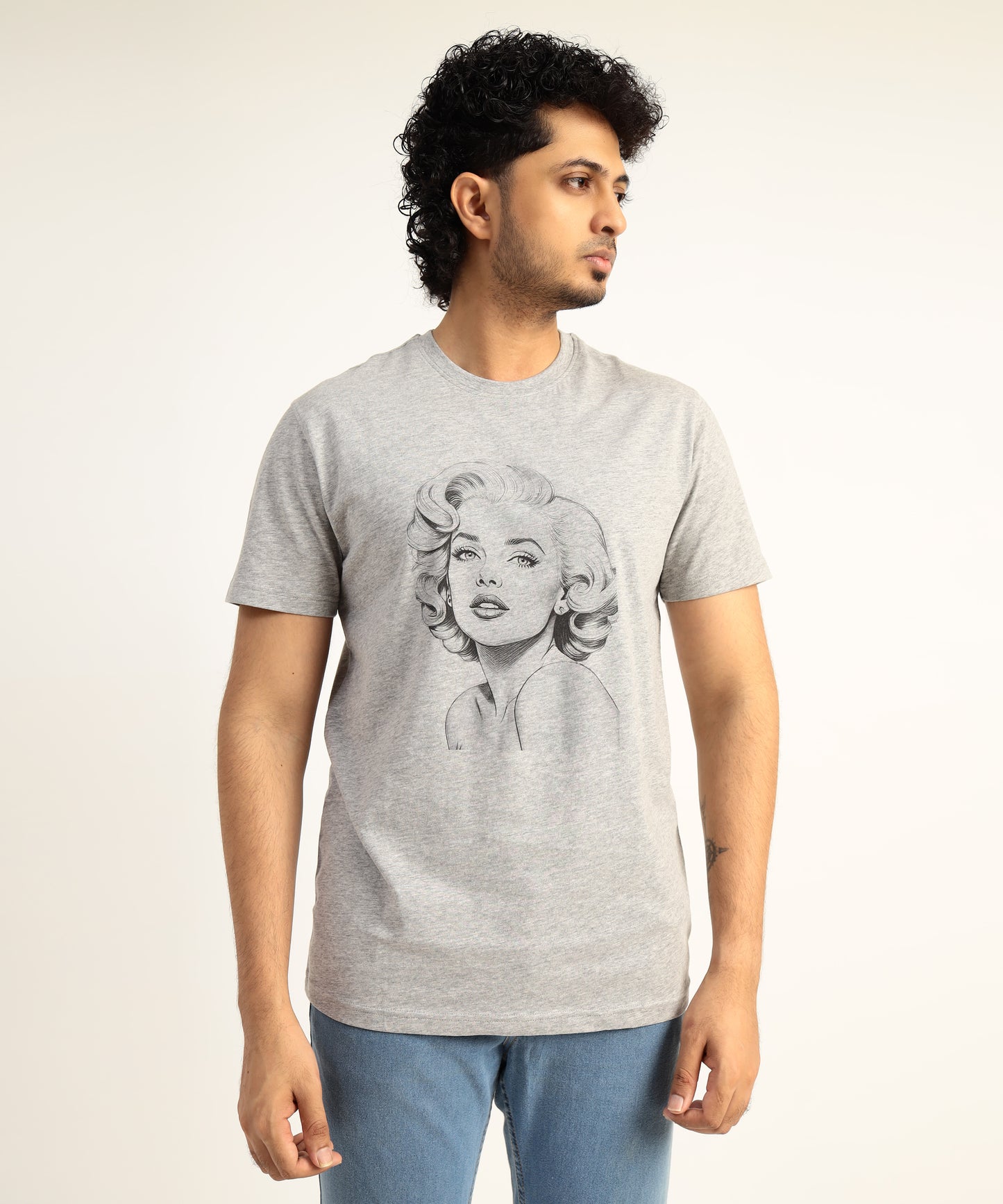 Crew Neck Short Sleeve Graphic T-shirt - Marlin Monroe Print - Grey Heather
