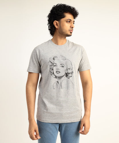 Crew Neck Short Sleeve Graphic T-shirt - Marlin Monroe Print - Grey Heather