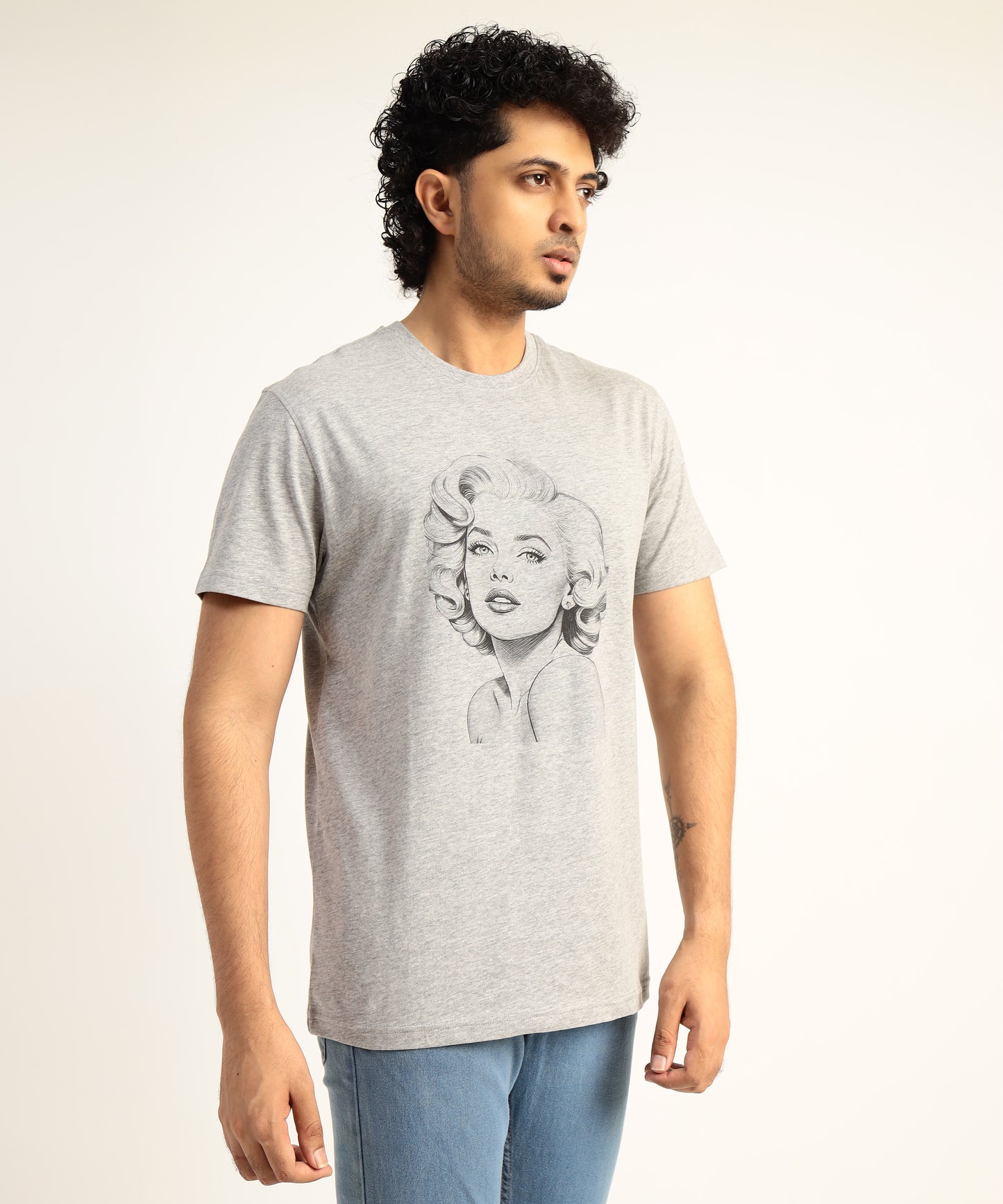 Crew Neck Short Sleeve Graphic T-shirt - Marlin Monroe Print - Grey Heather