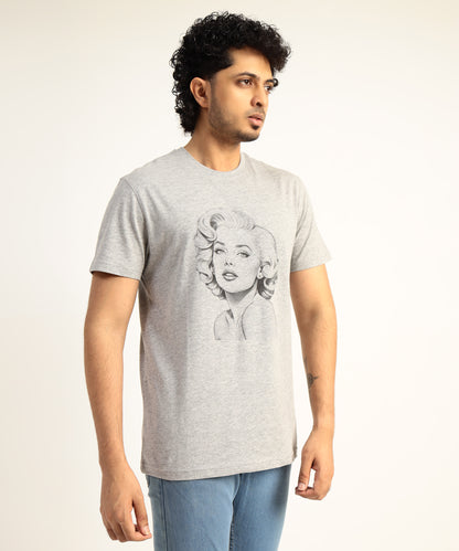 Crew Neck Short Sleeve Graphic T-shirt - Marlin Monroe Print - Grey Heather
