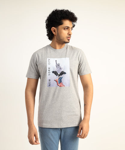 Crew Neck Short Sleeve Graphic T-shirt - City Print - Grey Heather