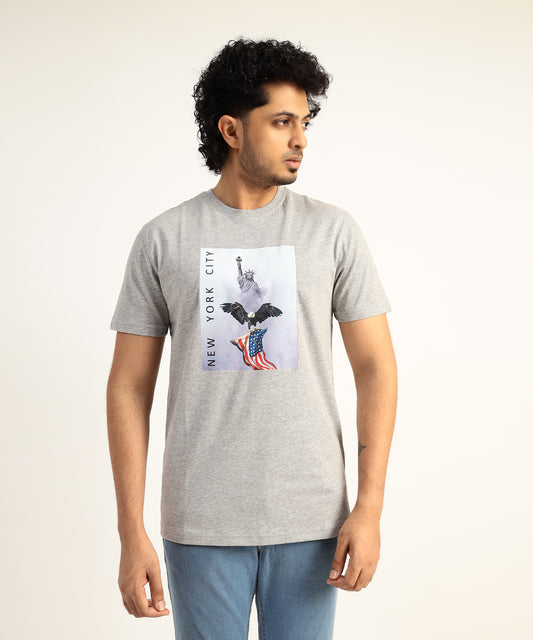 Crew Neck Short Sleeve Graphic T-shirt - City Print - Grey Heather