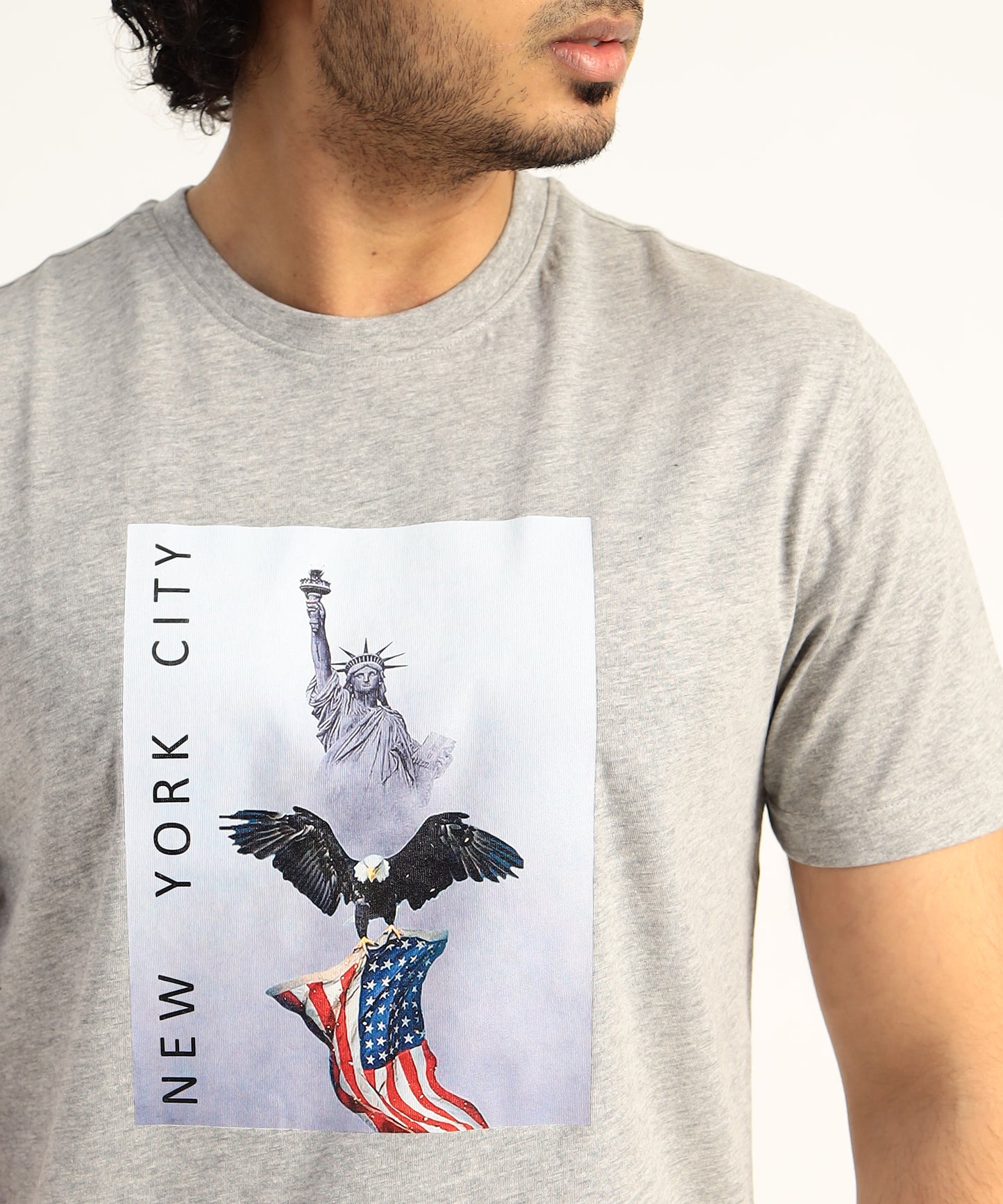 Crew Neck Short Sleeve Graphic T-shirt - City Print - Grey Heather