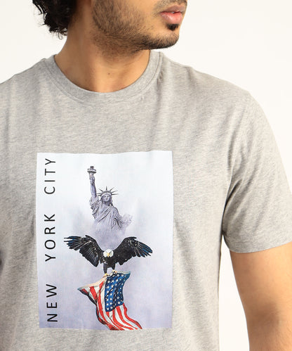 Crew Neck Short Sleeve Graphic T-shirt - City Print - Grey Heather
