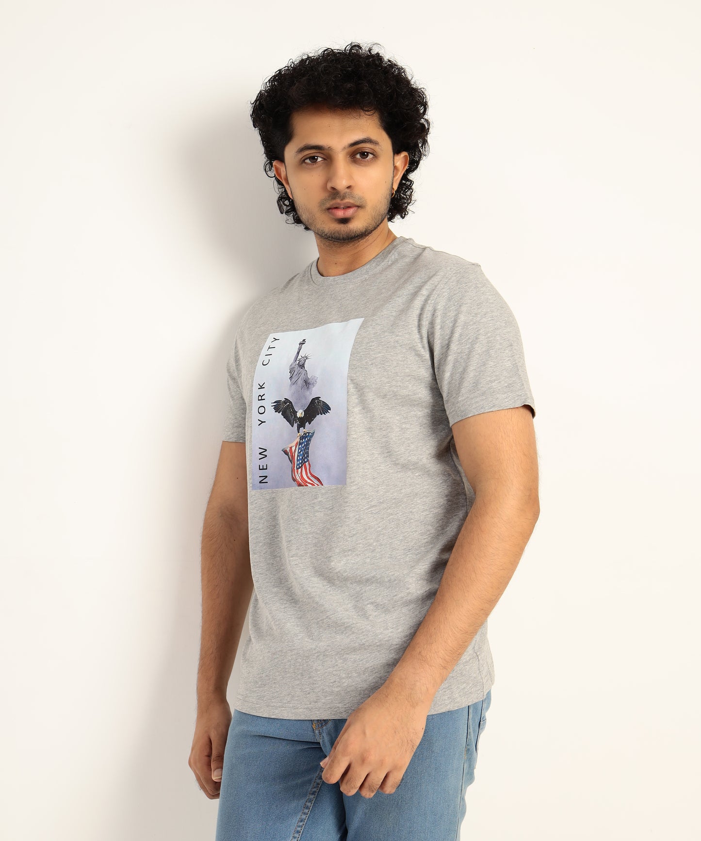 Crew Neck Short Sleeve Graphic T-shirt - City Print - Grey Heather