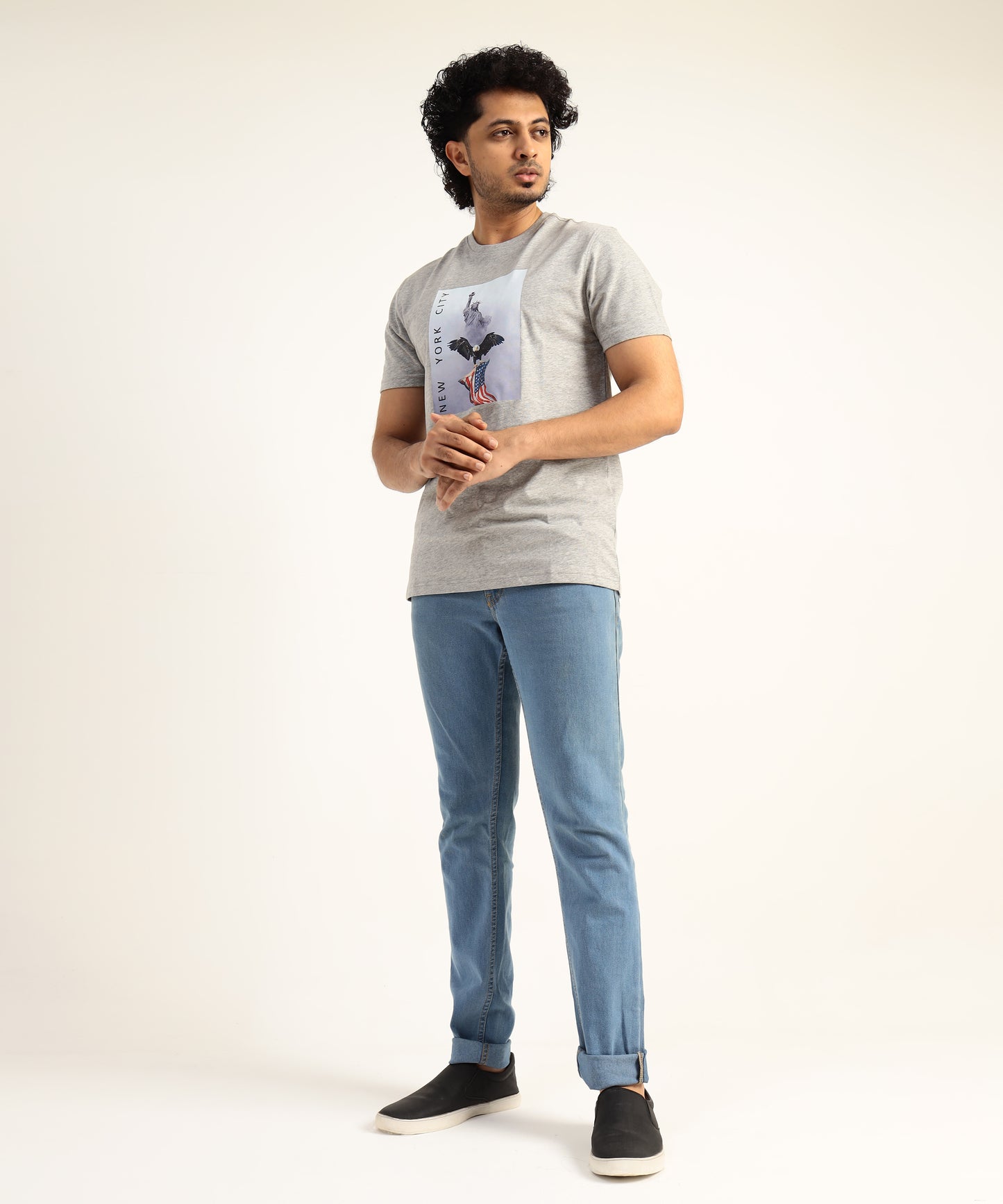 Crew Neck Short Sleeve Graphic T-shirt - City Print - Grey Heather