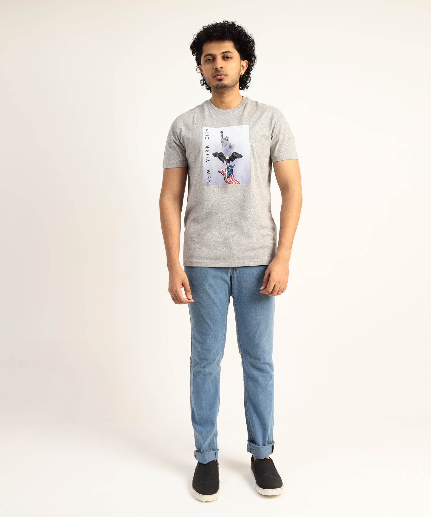 Crew Neck Short Sleeve Graphic T-shirt - City Print - Grey Heather