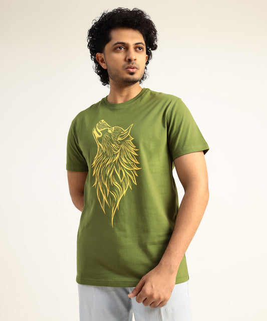 Crew Neck Short Sleeve Graphic T-shirt - Wolf Print - Pesto