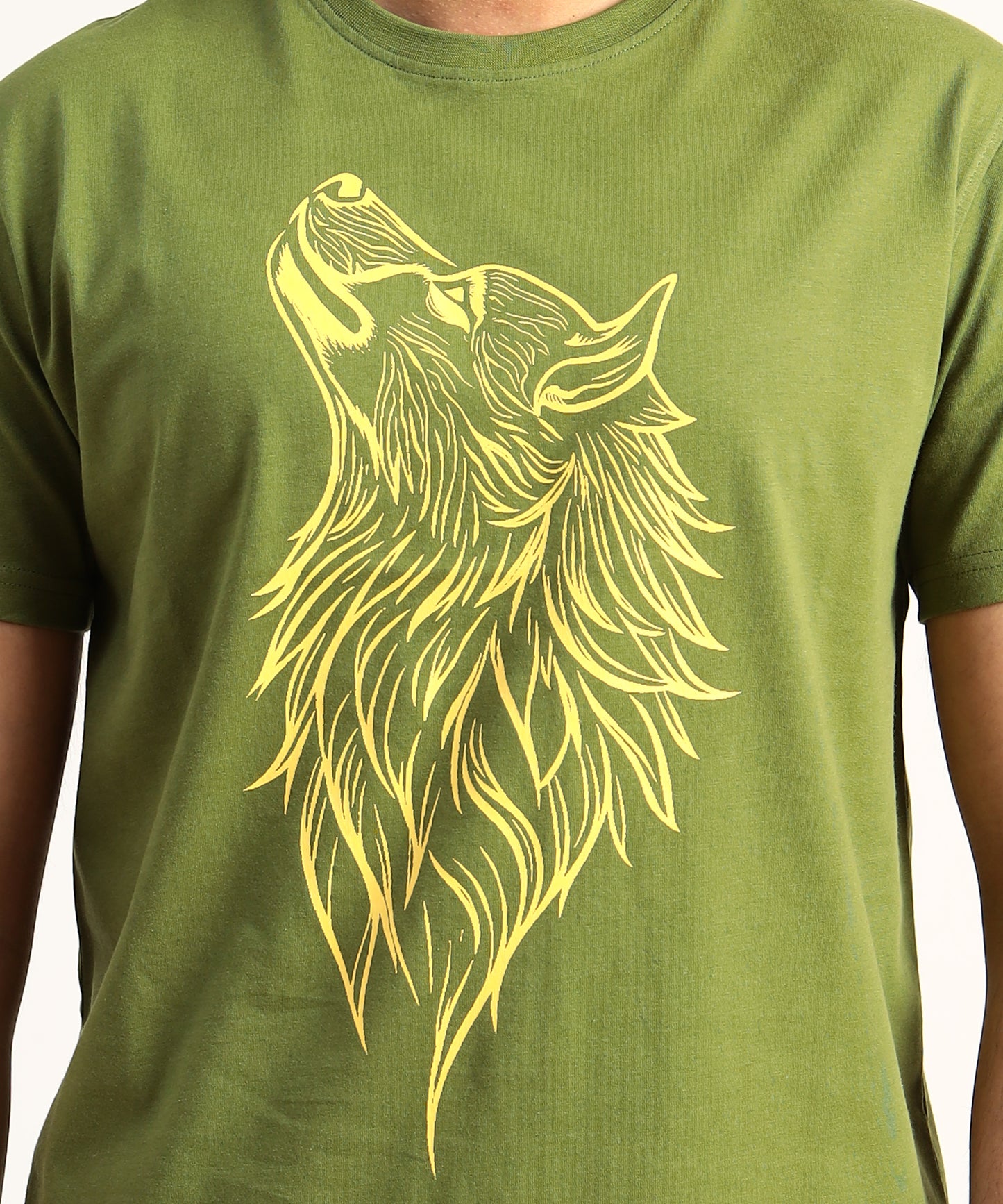 Crew Neck Short Sleeve Graphic T-shirt - Wolf Print - Pesto
