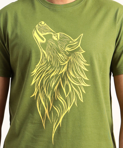 Crew Neck Short Sleeve Graphic T-shirt - Wolf Print - Pesto