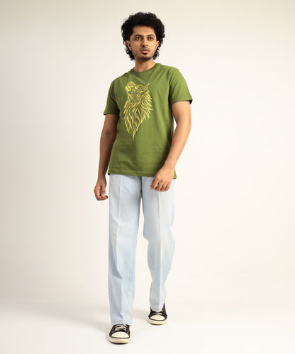 Crew Neck Short Sleeve Graphic T-shirt - Wolf Print - Pesto