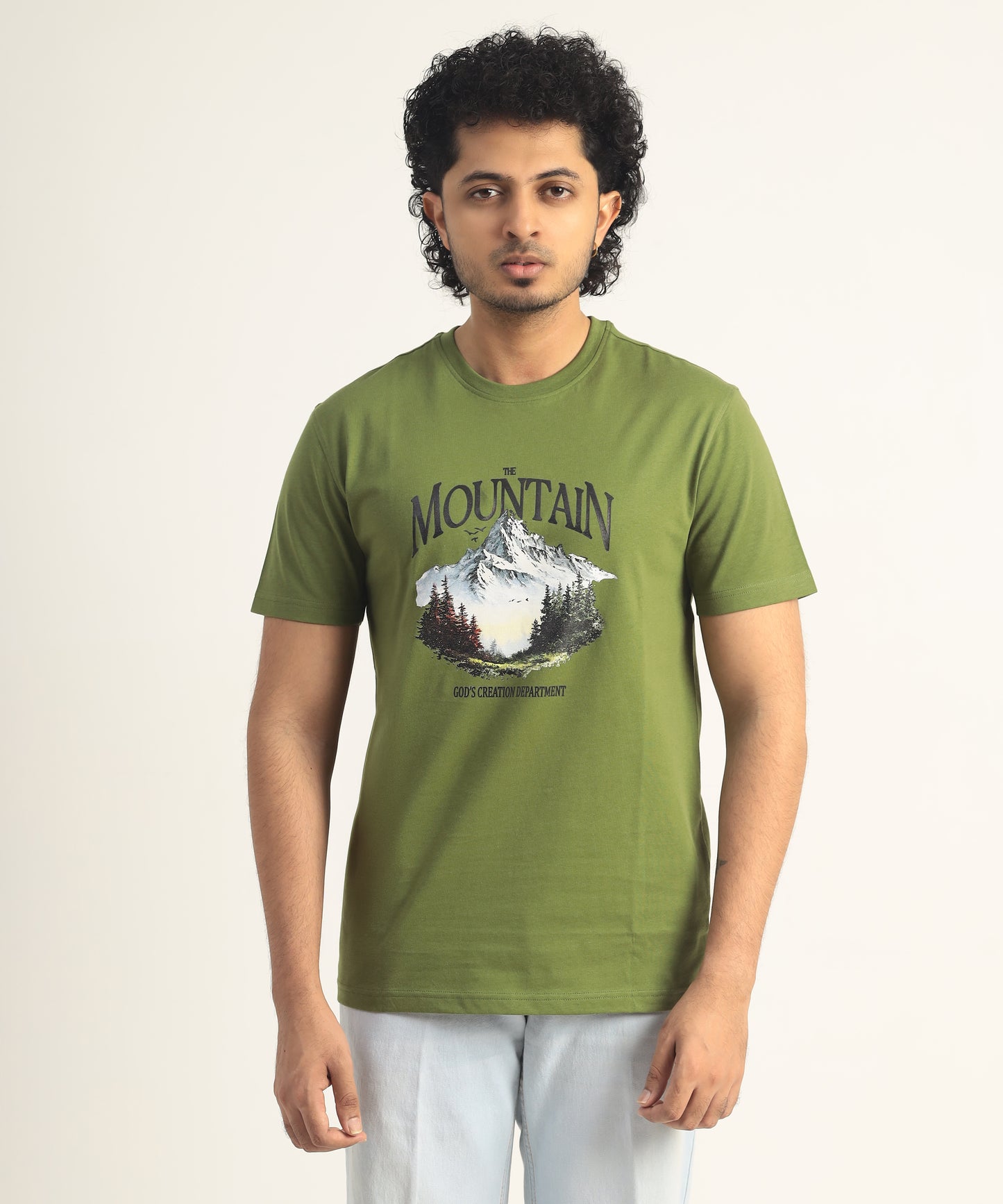 Crew Neck Short Sleeve Graphic T-shirt - Mountain Print - Pesto