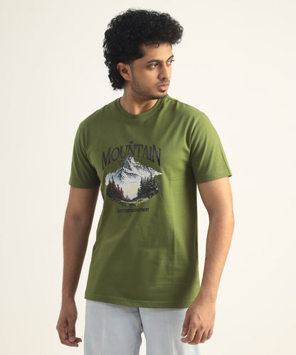 Crew Neck Short Sleeve Graphic T-shirt - Mountain Print - Pesto
