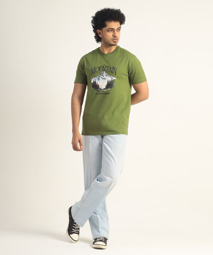Crew Neck Short Sleeve Graphic T-shirt - Mountain Print - Pesto