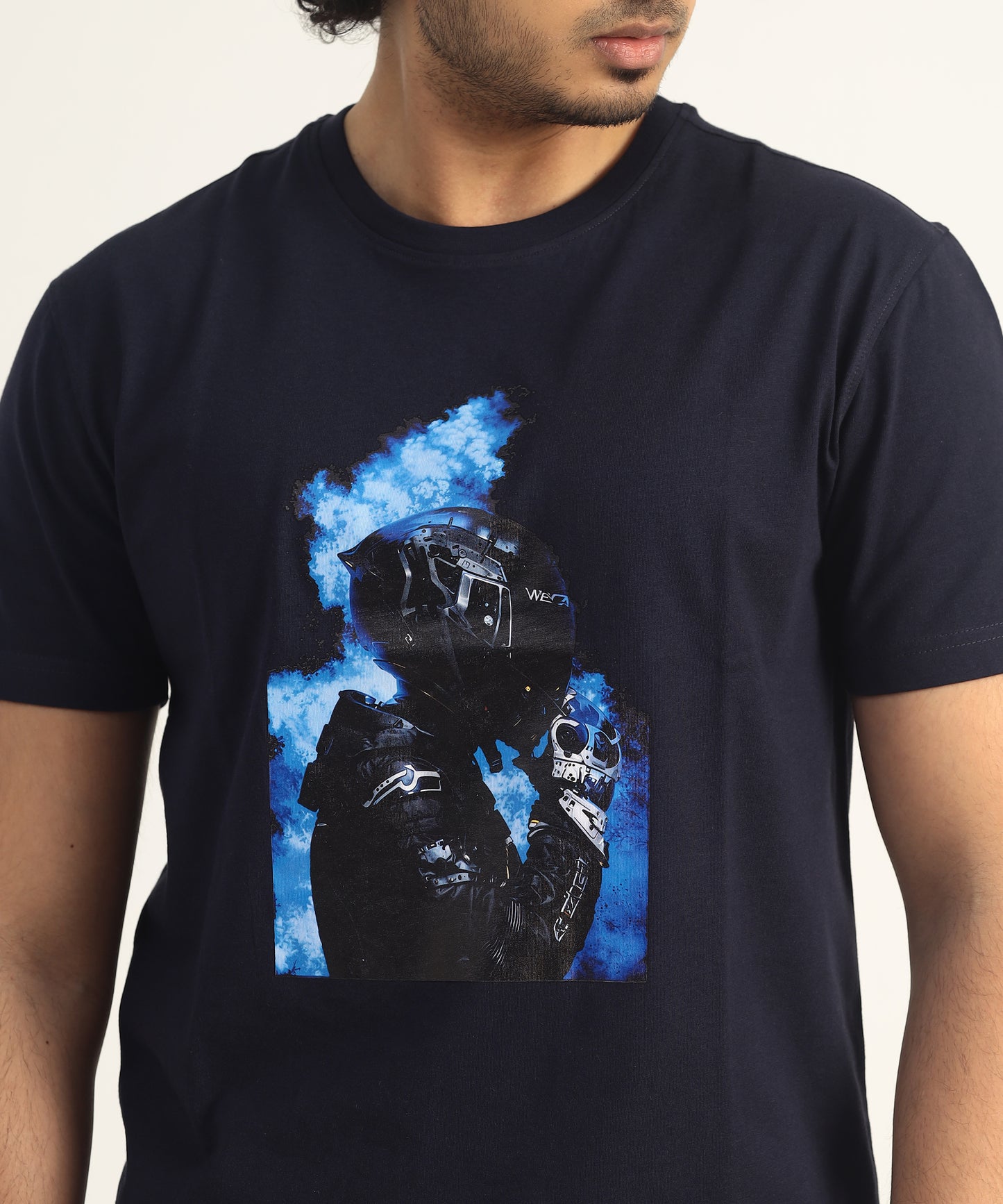 Crew Neck Short Sleeve Graphic T-shirt - Helmet Print - Navy