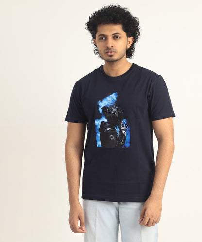 Crew Neck Short Sleeve Graphic T-shirt - Helmet Print - Navy