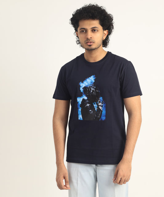 Crew Neck Short Sleeve Graphic T-shirt - Helmet Print - Navy