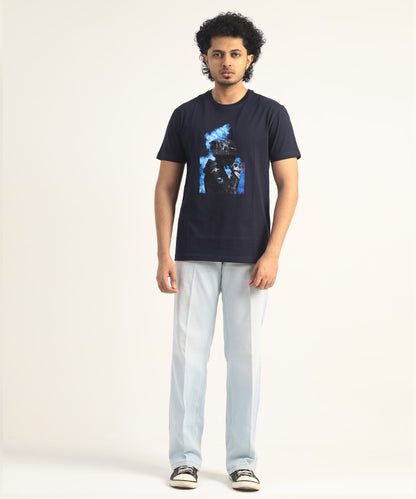 Crew Neck Short Sleeve Graphic T-shirt - Helmet Print - Navy