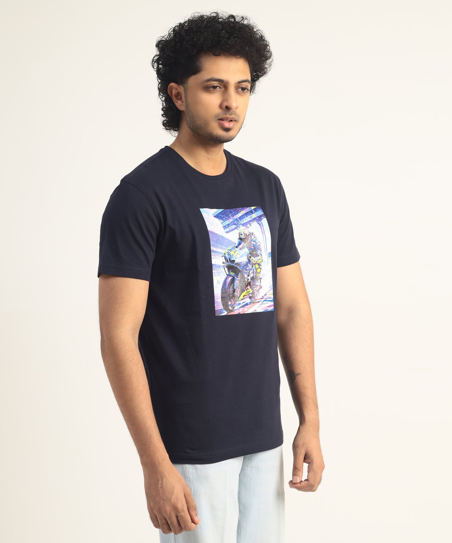 Crew Neck Short Sleeve Graphic T-shirt - Bike Print - Navy