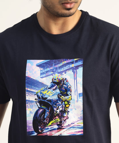 Crew Neck Short Sleeve Graphic T-shirt - Bike Print - Navy