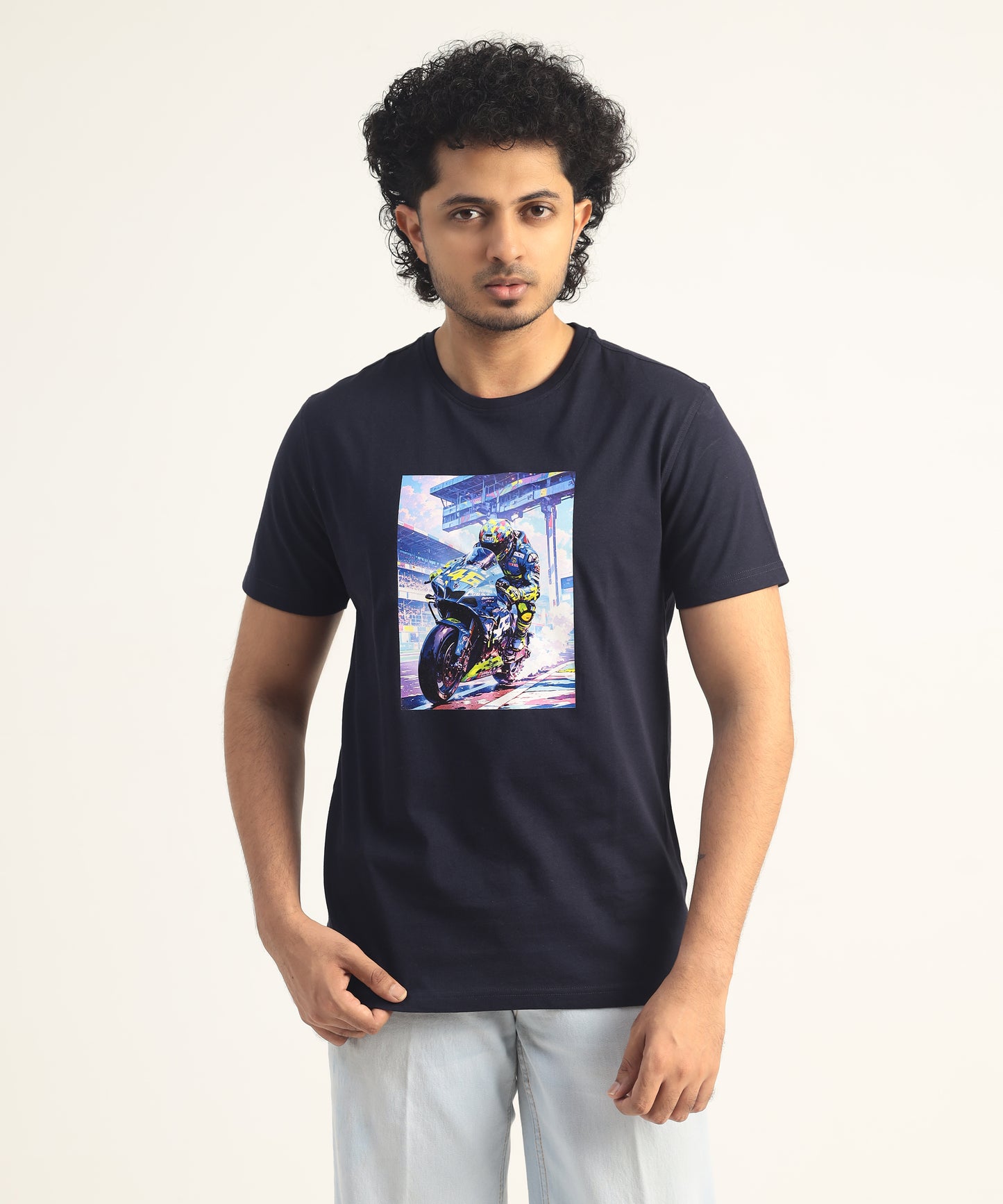 Crew Neck Short Sleeve Graphic T-shirt - Bike Print - Navy