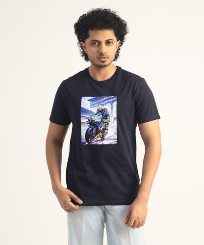 Crew Neck Short Sleeve Graphic T-shirt - Bike Print - Navy
