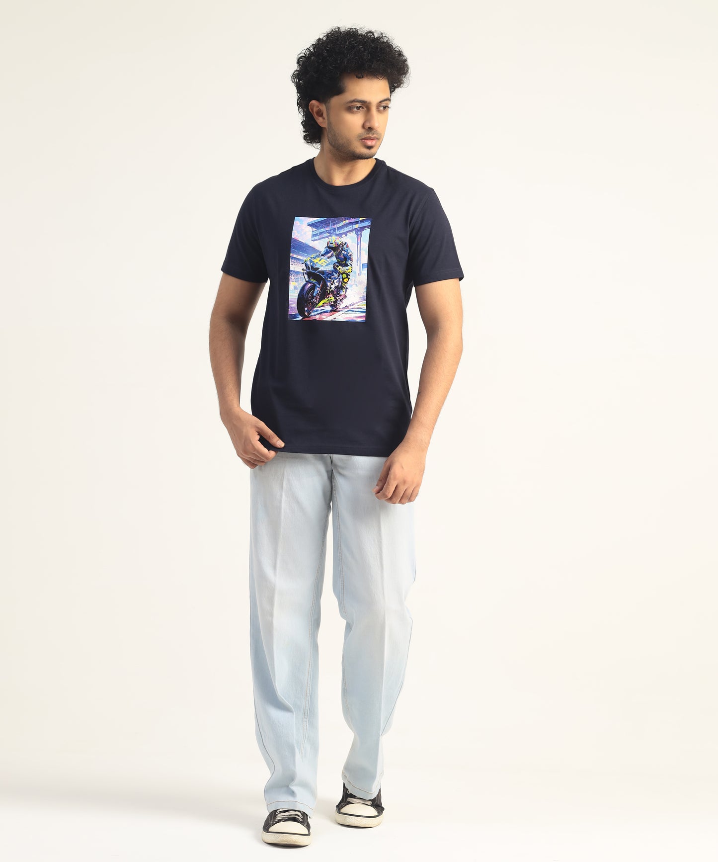 Crew Neck Short Sleeve Graphic T-shirt - Bike Print - Navy