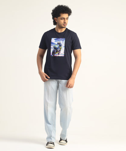 Crew Neck Short Sleeve Graphic T-shirt - Bike Print - Navy