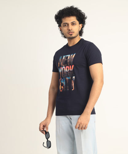 Crew Neck Short Sleeve Graphic T-shirt - New York Print - Navy