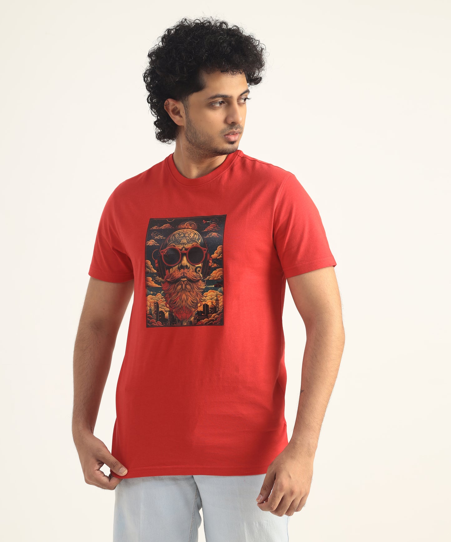 Crew Neck Short Sleeve Graphic T-shirt - Beard Print - Toreador Red
