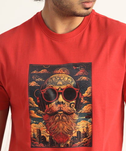 Crew Neck Short Sleeve Graphic T-shirt - Beard Print - Toreador Red