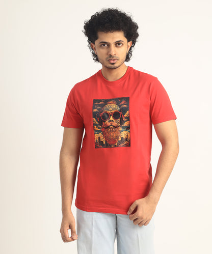 Crew Neck Short Sleeve Graphic T-shirt - Beard Print - Toreador Red