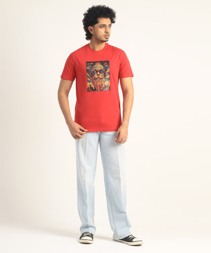 Crew Neck Short Sleeve Graphic T-shirt - Beard Print - Toreador Red