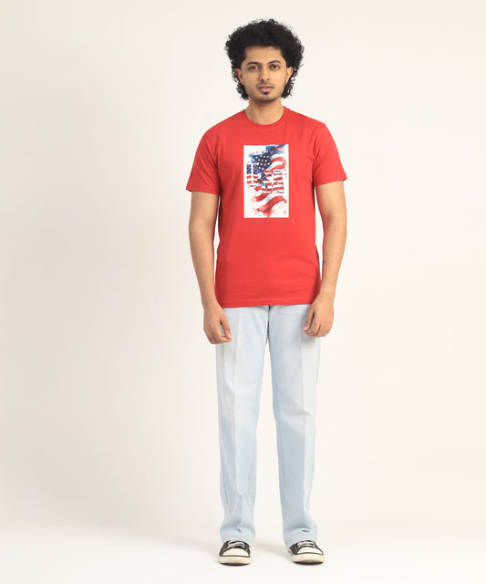 Crew Neck Short Sleeve Graphic T-shirt - Flag Print - Toreador Red