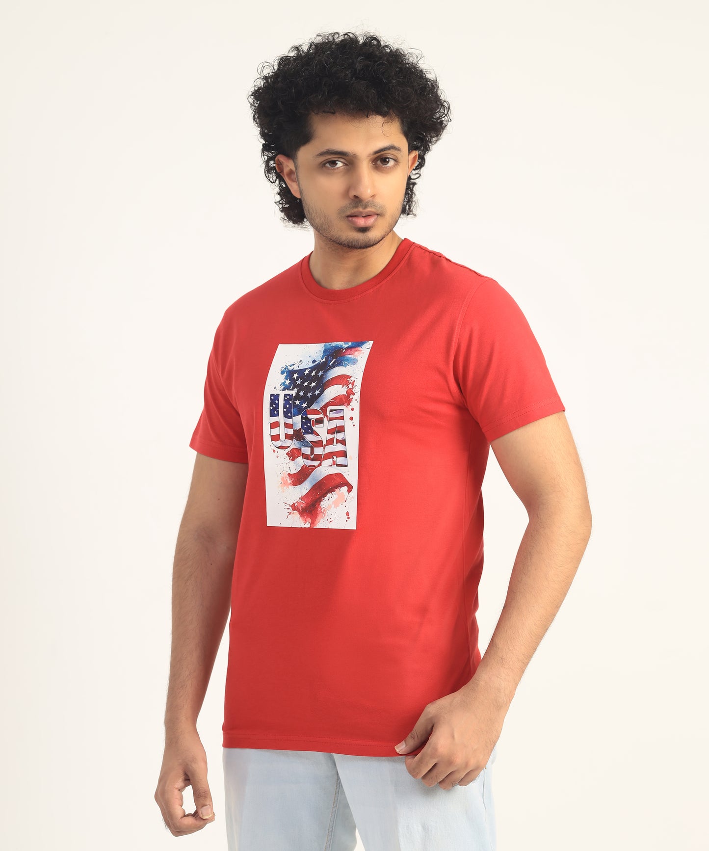 Crew Neck Short Sleeve Graphic T-shirt - Flag Print - Toreador Red